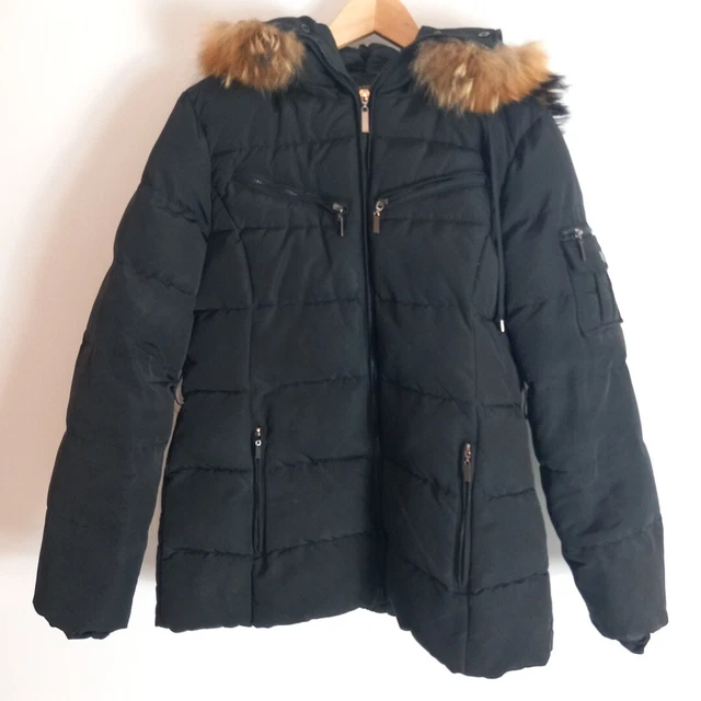 ATTENTIF PARIS PADDED Ladies Coat Black With Faux Fur Trim Hood Size 44 Full Zip 19.99 PicClick UK