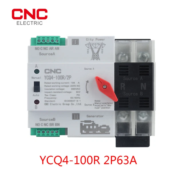 CNC YCQ4-100R/2P63A SINGLE Phase Din Rail ATS 220V Dual Power Automatic ...
