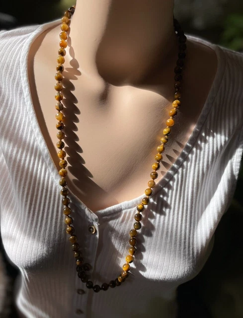 Collier Double Rang Vintage En Métal Doré Avec Perles œil De Tigre - Sautoir Ancien, Occasion
