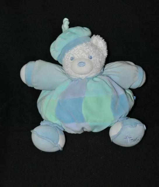 Peluche doudou ours blanc boule KALOO bleu 2 tons vert chapeau 25 cm TTBE