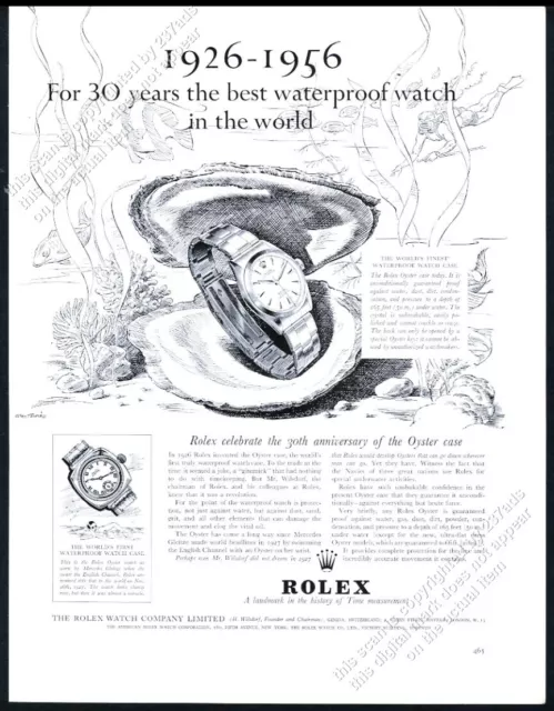 1956 Rolex waterproof watch English Channel & diving diver art vintage print ad