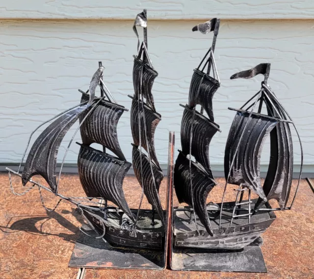 Vintage Nautical Black Metal Bookends Sailboat Clipper Pirate Ship Boat Spanish