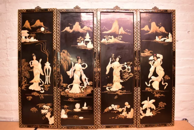 Vintage Asian Lacquer 4 Panels Art Japanese Geishas Mother OF Pearl Chinese ATQ