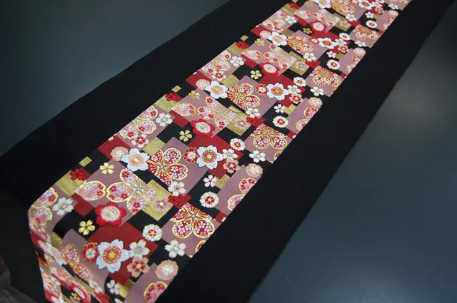 Kimono Table runner Japanese Gold brocade fabric Obi Reversible Red cherry bloss