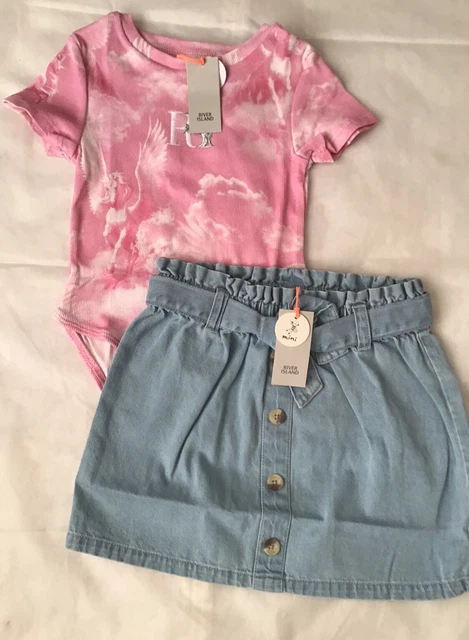 Mini bambina River Island età 2-3 anni borsa di carta abito gonna in denim nuova con etichette 2