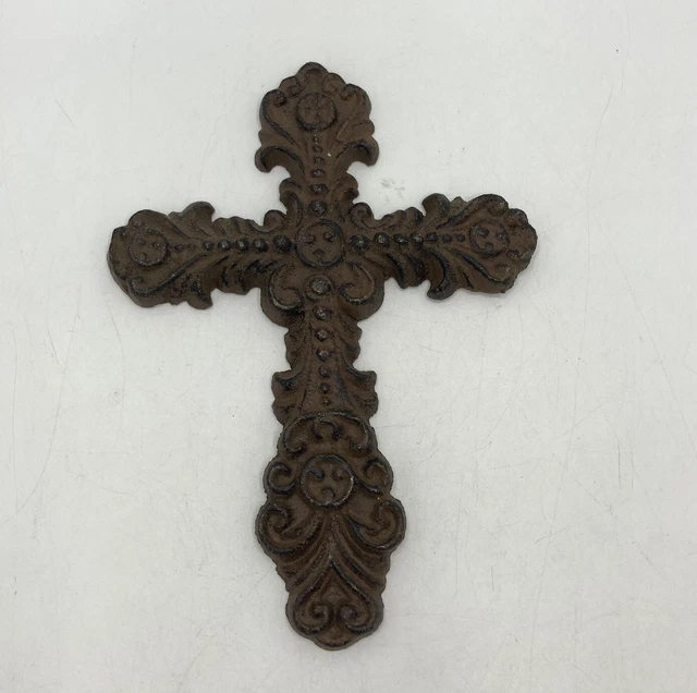 VTG Cast Iron Ornate Scrolls Cross Crucifix Wall Garden Decor  8” Tall