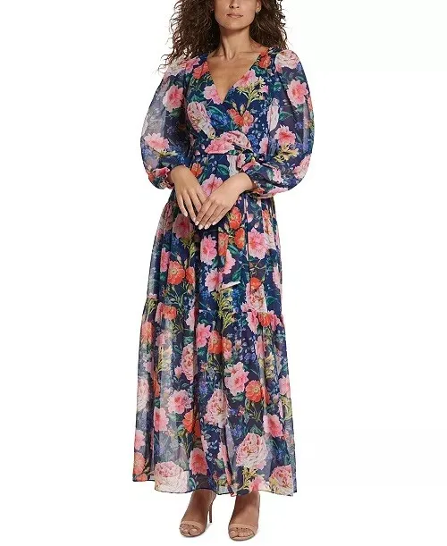 Eliza J Women's Size 6 Blue Pink Floral Tiered Ruffle Faux Wrap Maxi Dress New