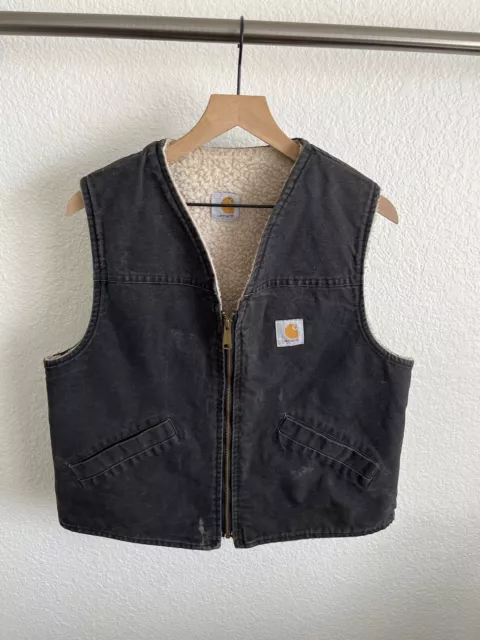 VINTAGE CARHARTT VEST Adult Small Duck Sherpa Lined Faded Black Mens ...