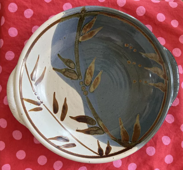 Large Pottery Bowl Signed Studio Art Pottery 11.5 “ X 2 “ Blue Tan Deco Serving