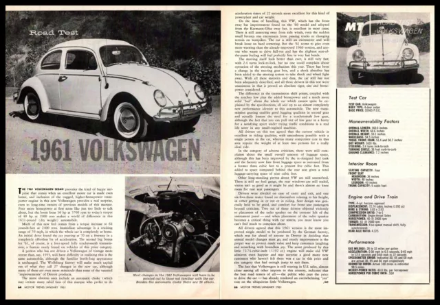 1961 Volkswagen Type 1 Beetle Road Test 2-Page Vintage Article VW Bug Print Ad