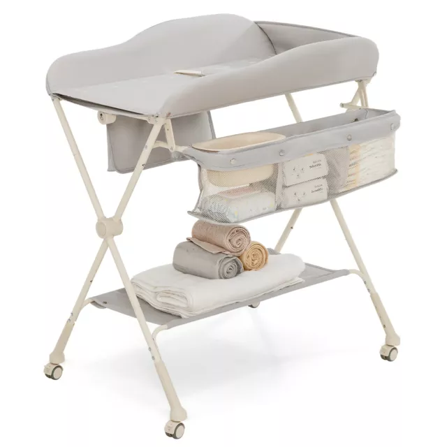 Baby Diaper Changing Table Folding Newborn Nursery Organizer W/ Basin Grey