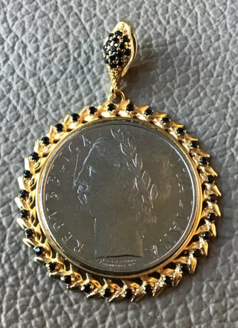 Bellezza 100 Lira Coin Black Spinel Frame Bronze Pendant