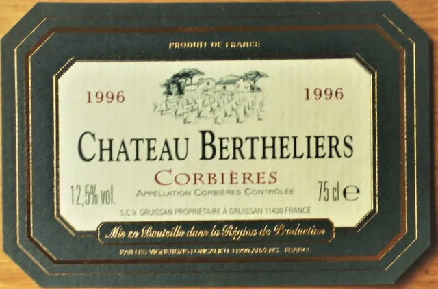Etiquettes vin FRANCE CHATEAU BERTHELIERS  Corbieres 1996 wine label