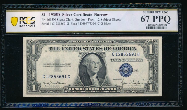 AC 1935D $1 Narrow Silver Certificate PCGS 67 PPQ C-G block  Fr 1613N