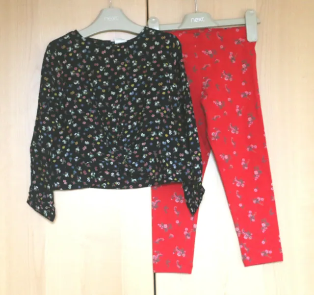 Next Girls Navy Ditsy Top Age 4 Years & Red Floral Leggings Age 3-4 Years BNWT