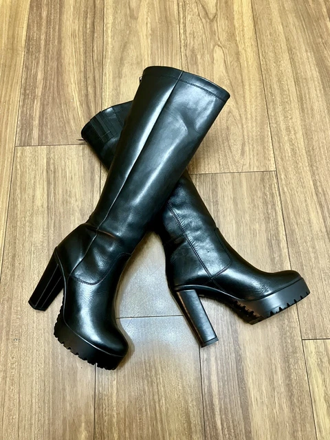 BLACK KNEE HIGH Leather Look Rear Zip Platform Boots Size 6 EU39 £20.00 ...