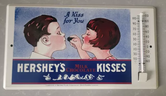 Vintage 50s Hershey's Advertising Tin Thermometer Boy Kissing Girl - MINT