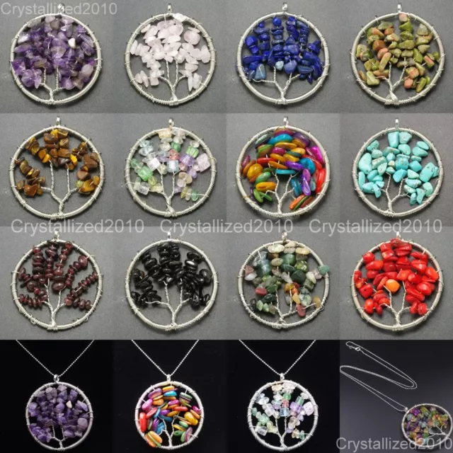 Natural Gemstone Reiki Chakra Chip Beads Tree of Life Healing Pendant Charm