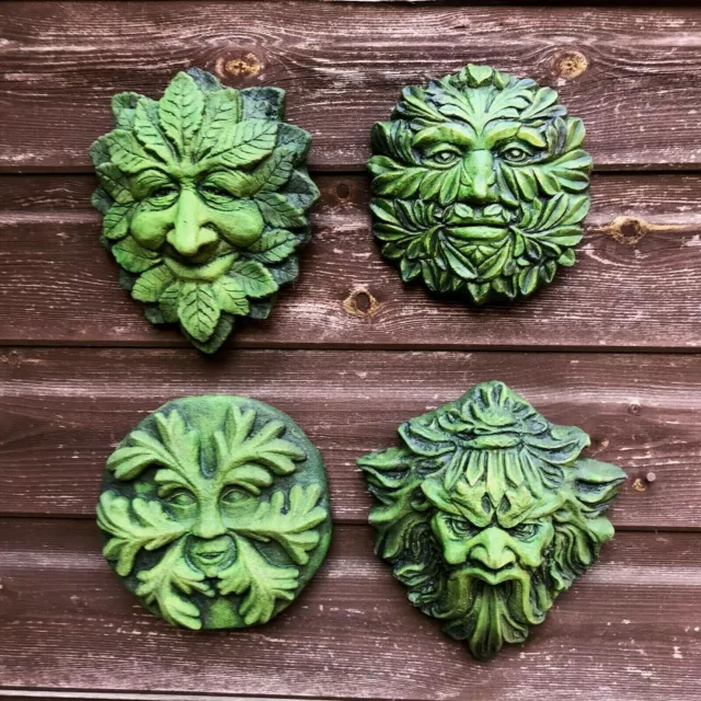 Set of 4 pagan green man decorative wall plaques STONE garden ornaments+FREEBIE!