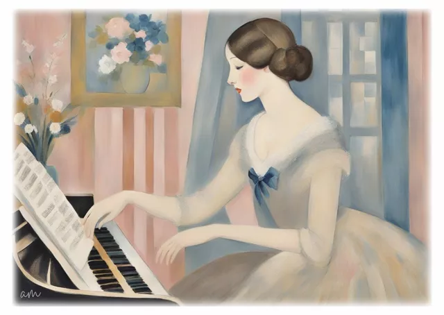 Tableau  portrait jeune femme au piano style Marie Laurencin