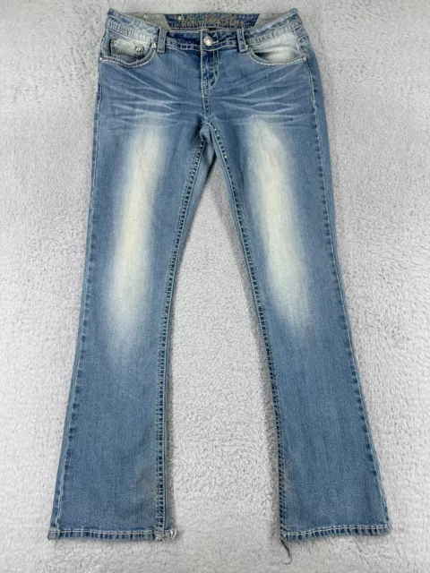 Vanilla Star Pants Women 9 Denim Jeans Blue Embroidered Bling Bootcut Distressed