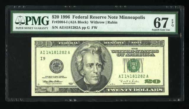 DBR 1996 $20 FRN Minneapolis Superb Gem Fr. 2084-I PMG 67 EPQ Serial AI14181282A