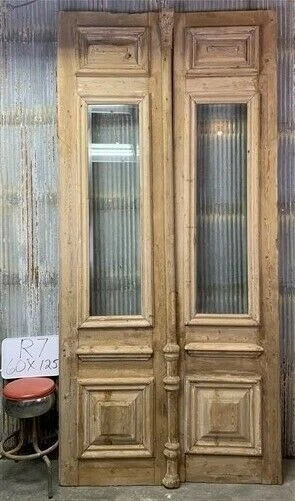 Antique French Double Doors (60x125) Thick Molding, Glass Pane European Doors R7