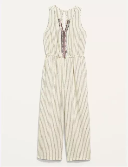 Old Navy Sleeveless Ivory Stripe Embroidered Linen Blend Jumpsuit Size S EUC