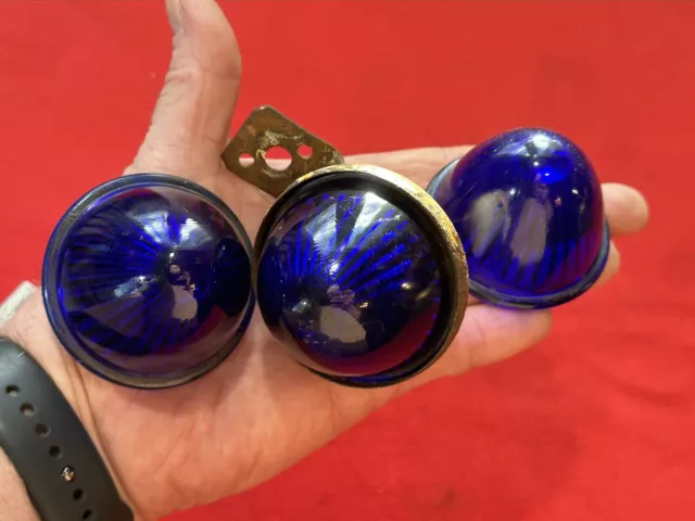 Lot Of 2 Awesome Old Blue Glass Beehive Marker Light Lenses & 1 Complete Light!!