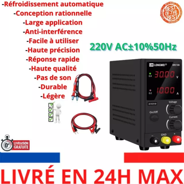 LONGWEI Alimentation laboratoire variable 30V 10A Avec pince crocodile, cordo...