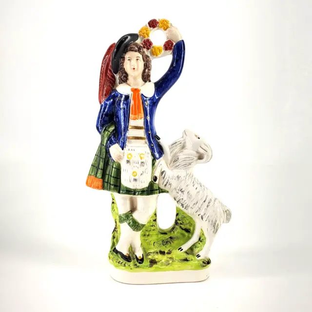 Rare Antique English Staffordshire Porcelain Figurine Scottish Girl Goat