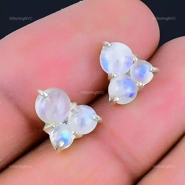 Natural Rainbow Moonstone Gemstone Stud White Earrings 925 Sterling Silver