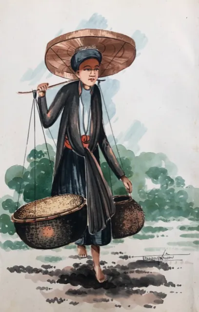 Acuarela vietnamita antigua, Firma para identificar, Artes asiáticas, XX