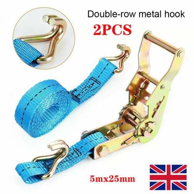 2X 5mx25mm Heavy Duty Ratchet Straps Transport Cars Cargo Ratchet Tie Down Strap