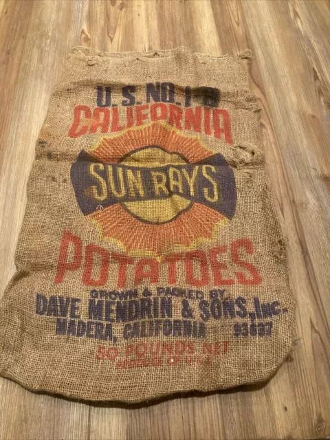 Vintage Burlap Feed Sack Sun Rays Potatoes Madera California Potato Bag Mendrin