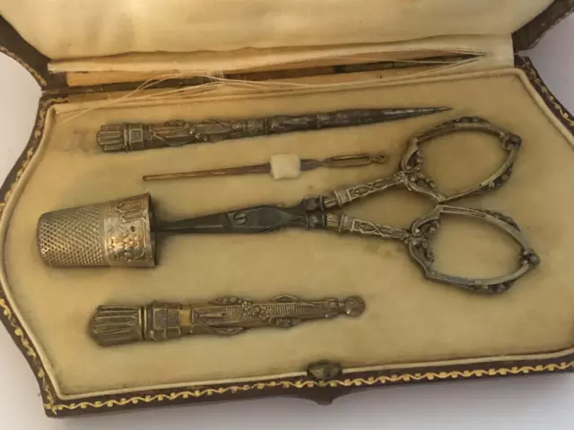 Necessary Of Sewing Solid Silver Vermeil Silver Sewing Case Set Louis XVI