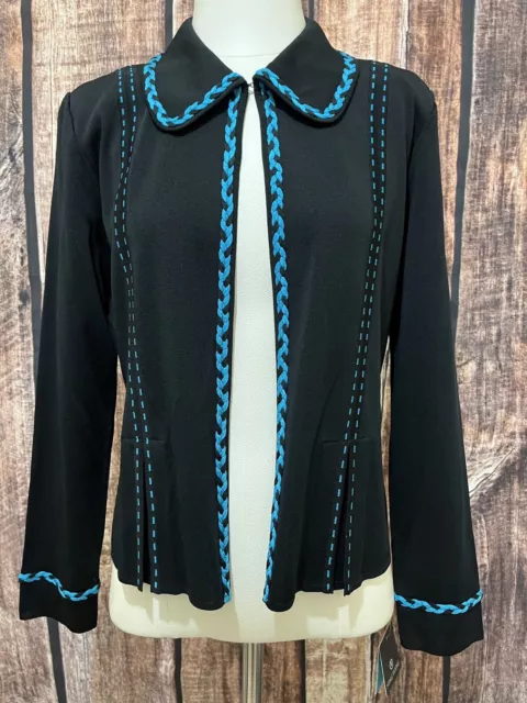 Ming Wang Career Jacket Womens S Aqua Blue Black Braided One Hook Blazer NWT