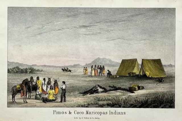 Original 1848 Pimos & Coco Maricopas Indians Print,Native Americans,Old,NM,AZ