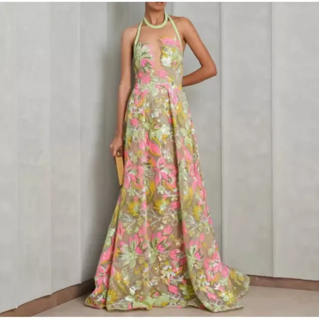 Elie Saab Floral Embroidered Sequin Tulle Long Evening Gown Size FR38