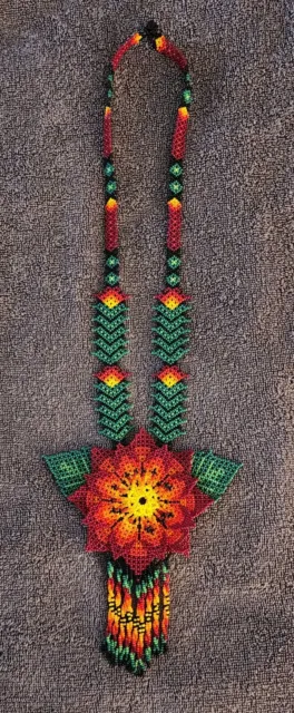 Beautiful Huichol Mexican Hand-Made Beaded Folk Art-Peyote Flower Necklace