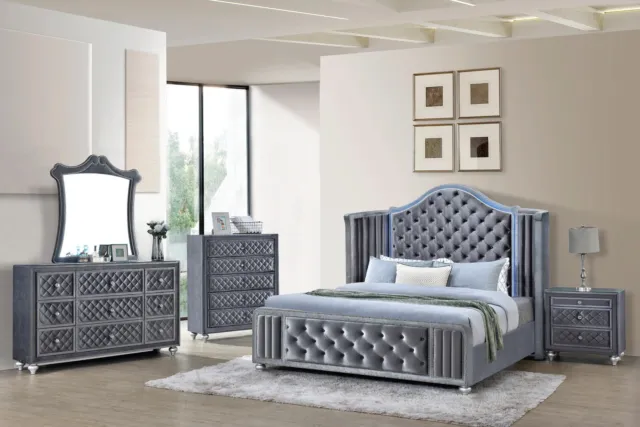 4pc Queen Size Bed Set LED Wing Back Headboard Bedroom Furniture Gray Upholstery