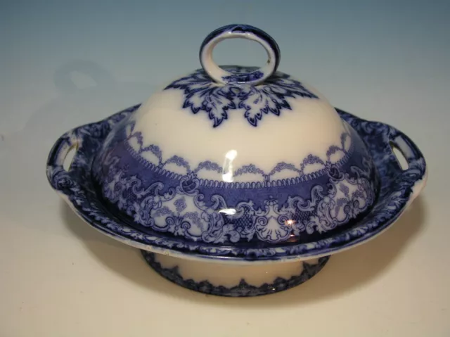 Antique Flow Blue WATTEAU PATTERN Doulton covered round serving tureen dish