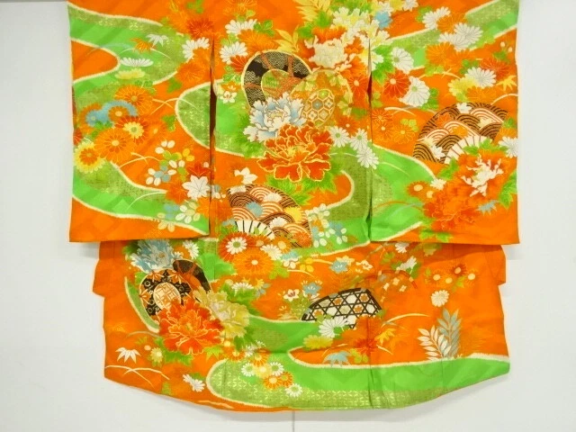 40027# Japanese Kimono / Antique Kimono For Girls / Embroidery / Drum & Peon
