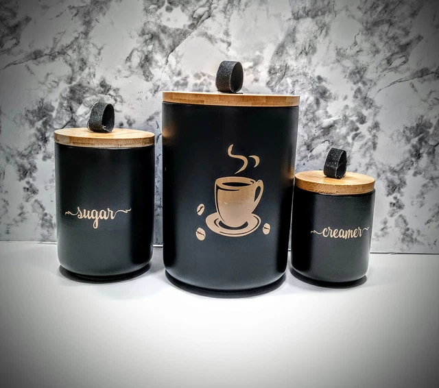 BLACK CERAMIC COFFEE, Tea and Sugar Canisters Set of 3, Modern