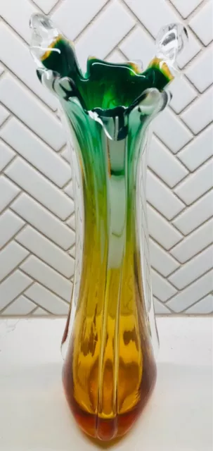 Vintage Murano Art Glass Hand Blown Green and Amber 12" Vase Midcentury Italy