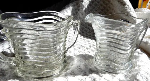 Depression Glass Creamer & Sugar Bowl "Ripples" Design Crown Crystal Clear Used