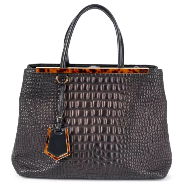 68899 auth FENDI metallic black FAUX CROC leather MEDIUM 2JOURS Tote Bag