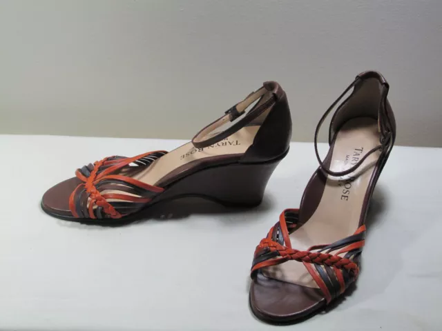 Taryn Rose Strappy Brown Orange Leather Wedge Sandals SZ 37 EU 6.5 US Heels  EUC