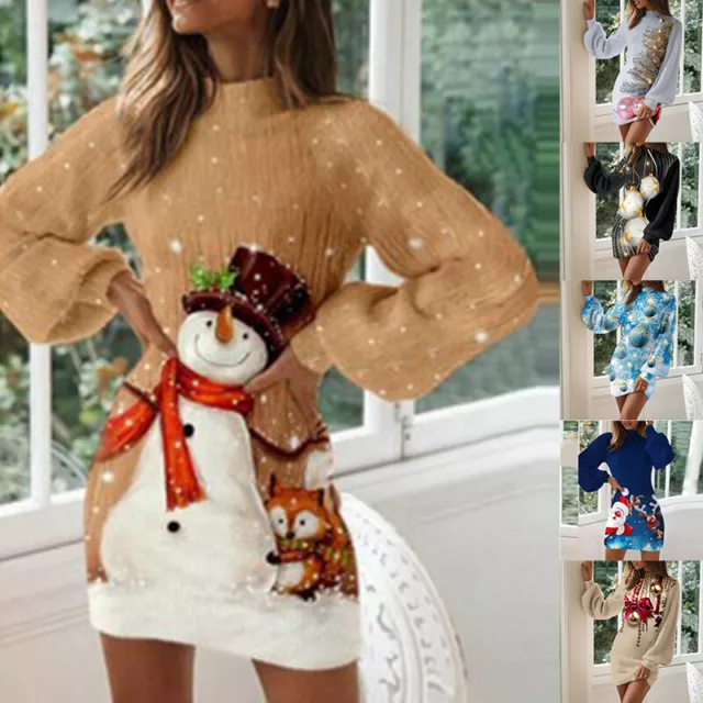 Femmes Noël Impression Pull Tunique Nouveauté Haut Pull Col Tricoté Robe ,