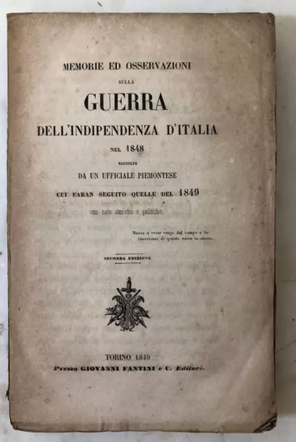 Antico Libro 1849 Memorie e osservazioni sulla Guerra dell'Indipendenza d'Italia